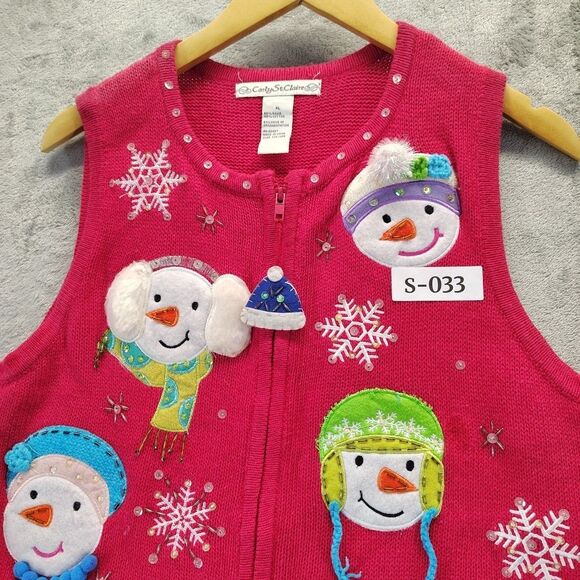 Carly St.Claire Woman Sweater Vest Red XL Full Zip Snowman Embroidered Beaded - Picture 12 of 12